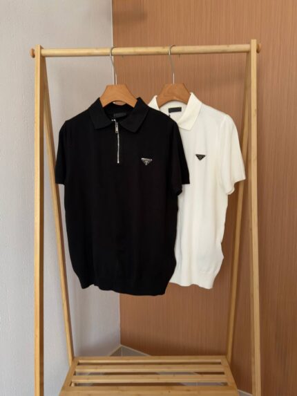 Prada Triangle Logo Knit Zip Polo Shirts
