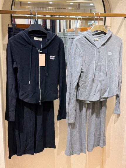 Miu Miu Logo Zip-Up Hoodie and Wide-Leg Pants Co-Ord Sets