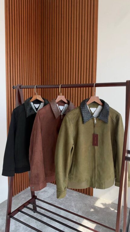 Bottega Veneta Suede Blouson Jacket with Intrecciato Leather Collar
