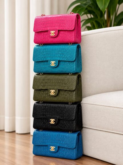 Chanel Classic Double Flap Croc-Embossed Leather Chain Shoulder Bags