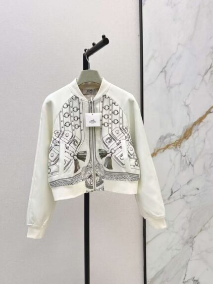 Hermes Harnais De Coeur Printed Silk Bomber Jacket