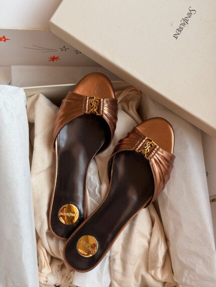 YSL Ruched Metallic Leather Flat Slides