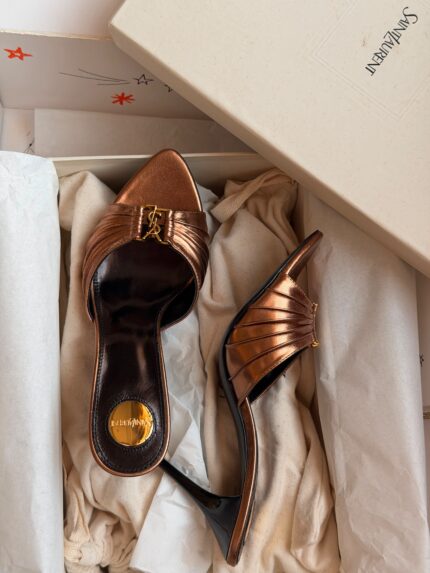 YSL Ruched Metallic Pointed Toe Heeled Mules