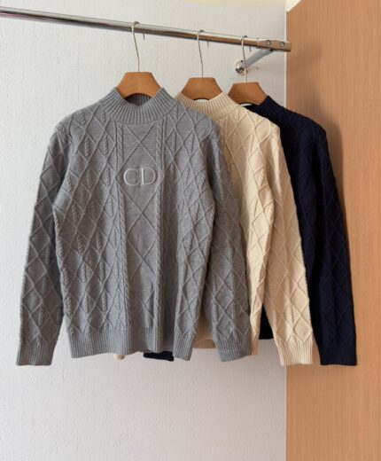 Christian  Dior CD Logo Cable Knit Mock Neck Sweaters