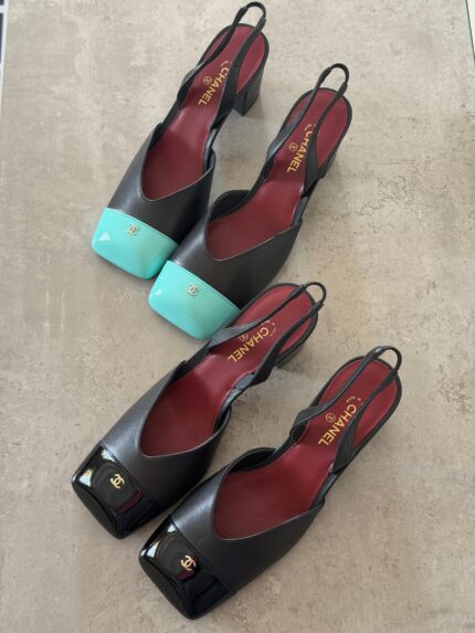 Chanel CC Cap-Toe Slingback Block Heel Pumps