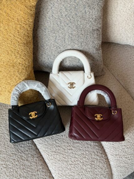 Chanel Chevron Mini Top Handle Bag With Gold CC Logo