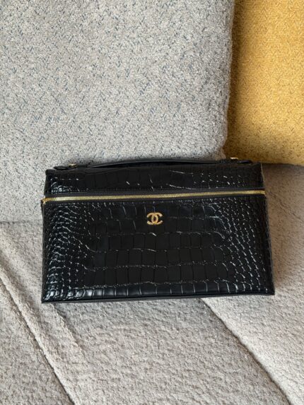 Chanel Croc Embossed Leather Vanity Clutch Pouch With Gold CC Logo and Top Handle