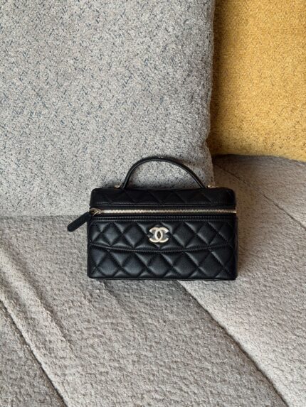 Chanel Quilted Caviar Leather Vanity Top Handle Bag With Gold CC Logo