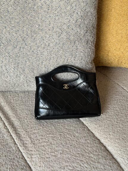 Chanel 31 Mini Shopping Bag Top Handle Quilted Shiny Calfskin With Gold CC Logo