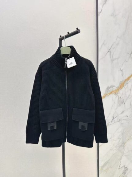 Hermes High Neck Full Zip Knitted Cardigan Jackets With Iconic H Pocket