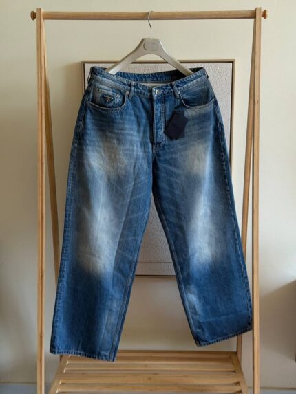 Prada Triangle Logo Wide Leg Washed Denim Jeans