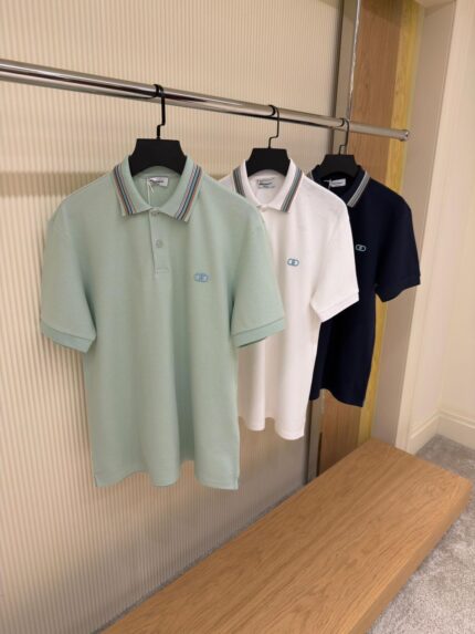 Salvatore Ferragamo Gancini Logo Striped Collar Polo Shirts
