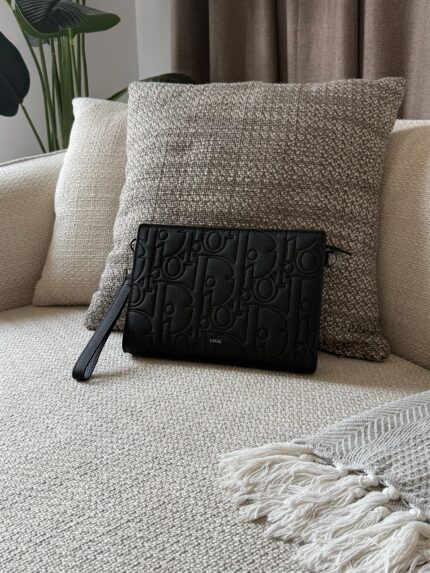 Christian Dior Oblique Embossed Leather Wristlet Clutch Bag