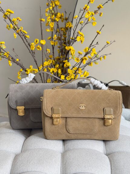 Chanel Quilted Suede Top Handle Bags with Dual Gold Buckle