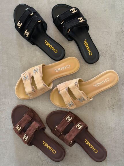 Chanel Suede Double Strap CC Crystal Flat Slides