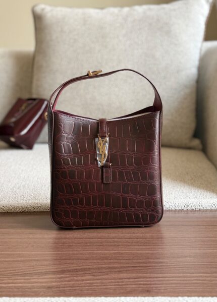 YSL Croc-Embossed Hobo Shoulder Bag