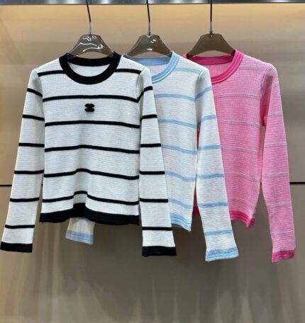 Celine Triomphe Striped Waffle Knit Long-Sleeve Sweaters