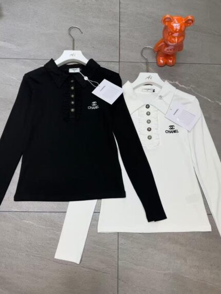 Chanel CC Logo Ruffle Placket Long Sleeve Polo Shirts