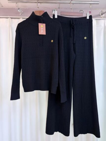 Loro Piana Cable Knit Mock Neck Co-ord Set - Button Placket Sweater With Wide Leg Pant