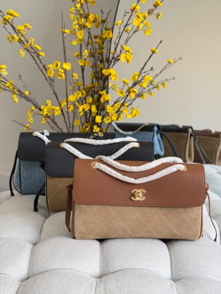 Chanel Two Tone Quilted Suede and Leather CC Flap Shoulder Bags