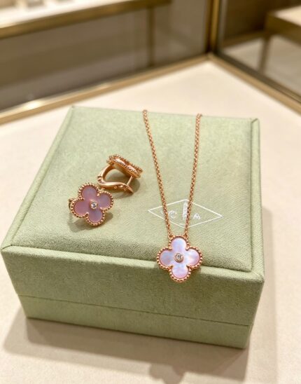Van Cleef & Arpels Alhambra Mother of Pearl Diamond Necklace & Earrings Set