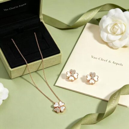 Van Cleef & Arpels Cosmos Clover Heart Mother of Pearl Diamond Necklace and Earrings Set