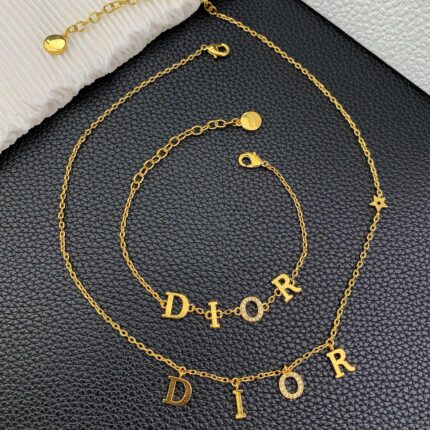 Christian Dior Logo Letter Gold Plated Necklace and Bracelet Set