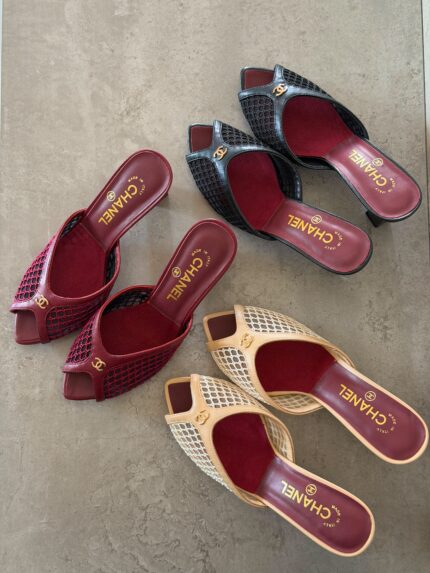 Chanel CC Logo Mesh Peep Toe Kitten Heel Mules