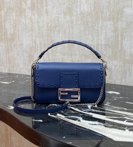 Fendi Baguette FF Denim Chain Shoulder Bags