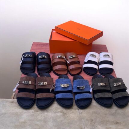 Hermes Geta Double Strap Suede Leather Slides Sandals With Kelly Buckle