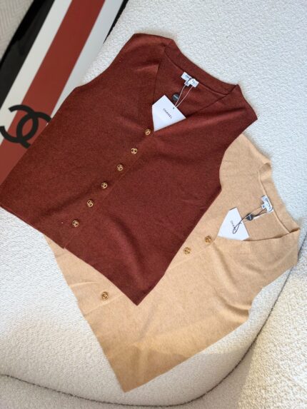 Chanel V-Neck CC Logo Gold Button Sleeveless Knit Vests