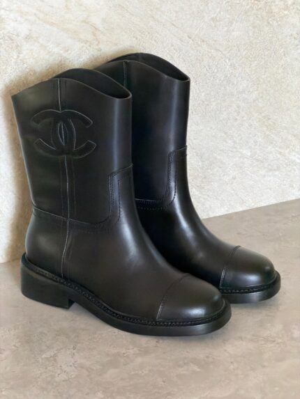 Chanel CC Logo Black Leather Ankle Boots