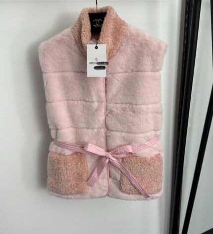 Moncler Shearling Detail Faux Fur Belted Gilet Vest