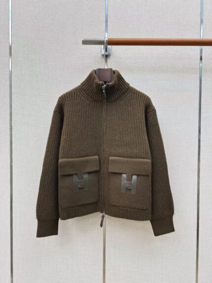 Hermes Ribbed Wool Zip-Up Cardigan with H Pocket