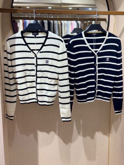 Chanel CC Logo Striped V-Neck Cardigan