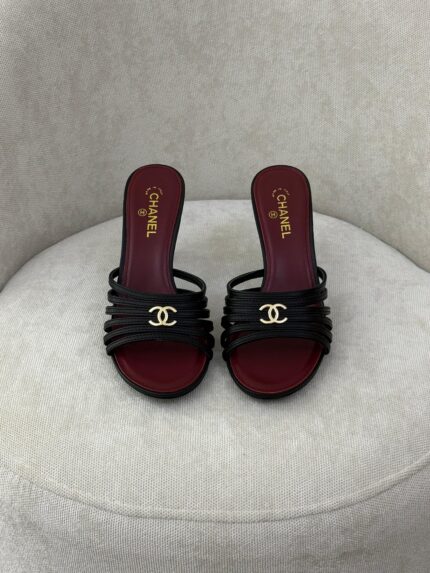 Chanel CC Logo Strappy Leather Heeled Mules
