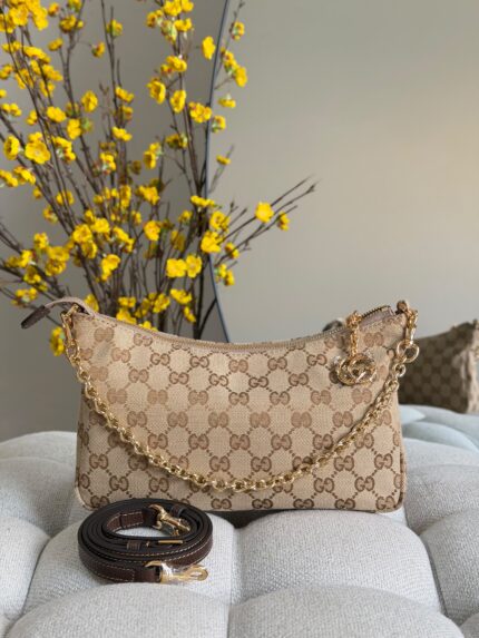 Gucci GG Monogram Gold Chain Zip Pochette Shoulder Bag
