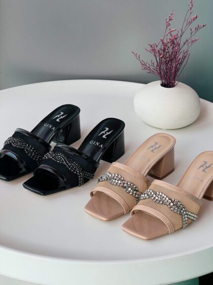 Gina Mesh Crystal Swirl Embellished Block Heel Mules