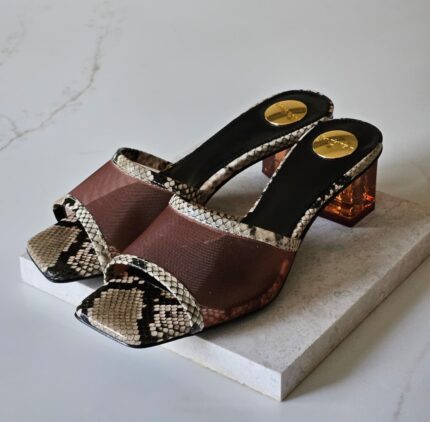 YSL Mesh & Snakeskin Block Heeled Mules
