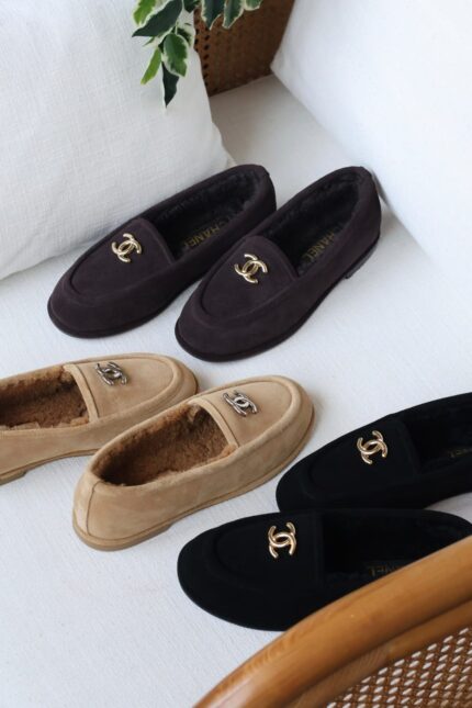 Chanel CC Shearling Lined Suede Loafers