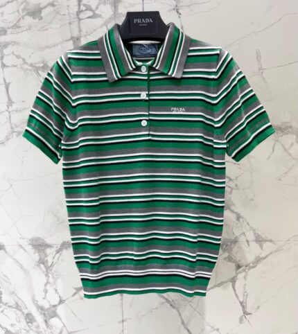 Prada Striped Cotton Knit Polo Shirt