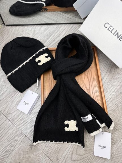 Celine Triomphe Embroidered Wool Beanie and Scarf Sets