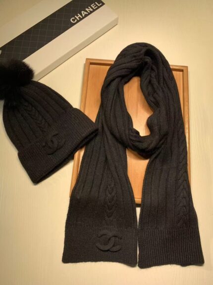 Chanel CC Logo Cable Knit Wool Beanie and Scarf Sets