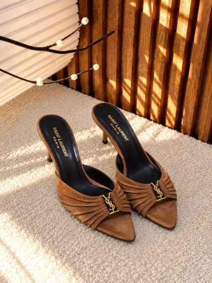 YSL Dune Ruched Suede Mule Sandals