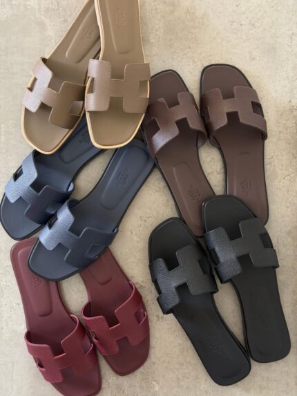Hermes Oran H Cut Leather Flat Slippers