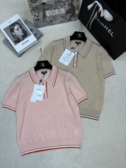 Chanel All-Over Logo Pointelle Knit Polo Shirts