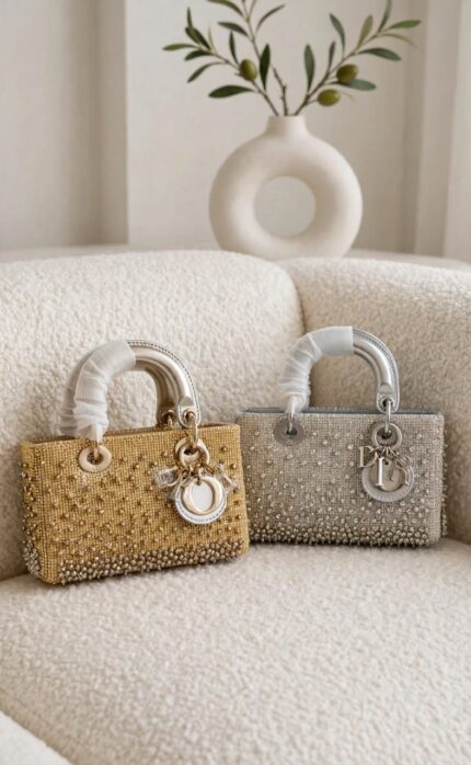 Christian Dior Lady D-Joy Crystal Embellished Top Handle Bags