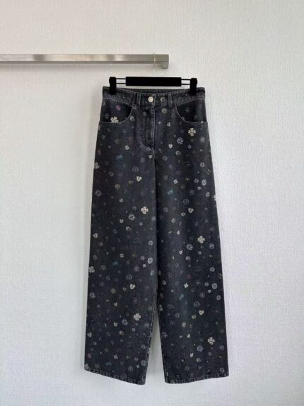 Chanel CC Camellia Embroidered Wide-Leg Jeans