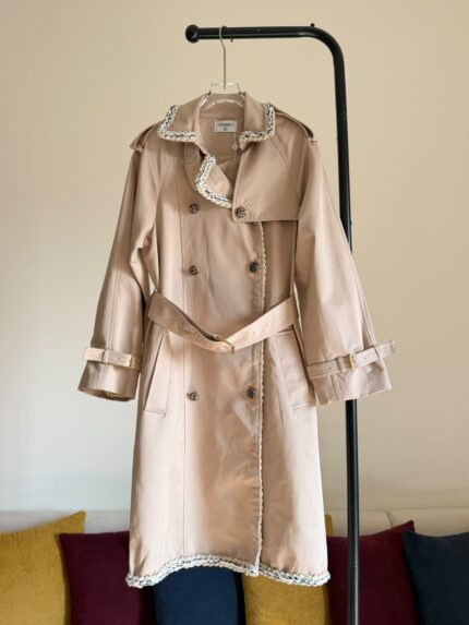 Chanel Tweed Trim Belted Trench Coat